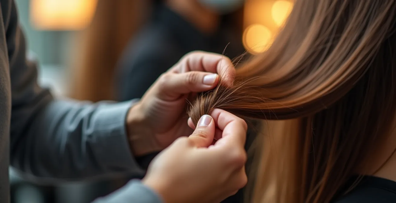 Gros plan sur l'examen professionnel de la texture capillaire