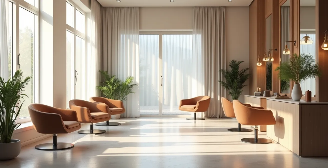 Espace salon épuré avec mobilier moderne et lumière naturelle