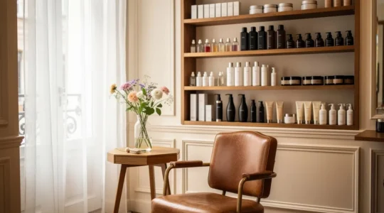 Intérieur d'un atelier de coiffure intimiste avec fauteuil vintage et lumière naturelle