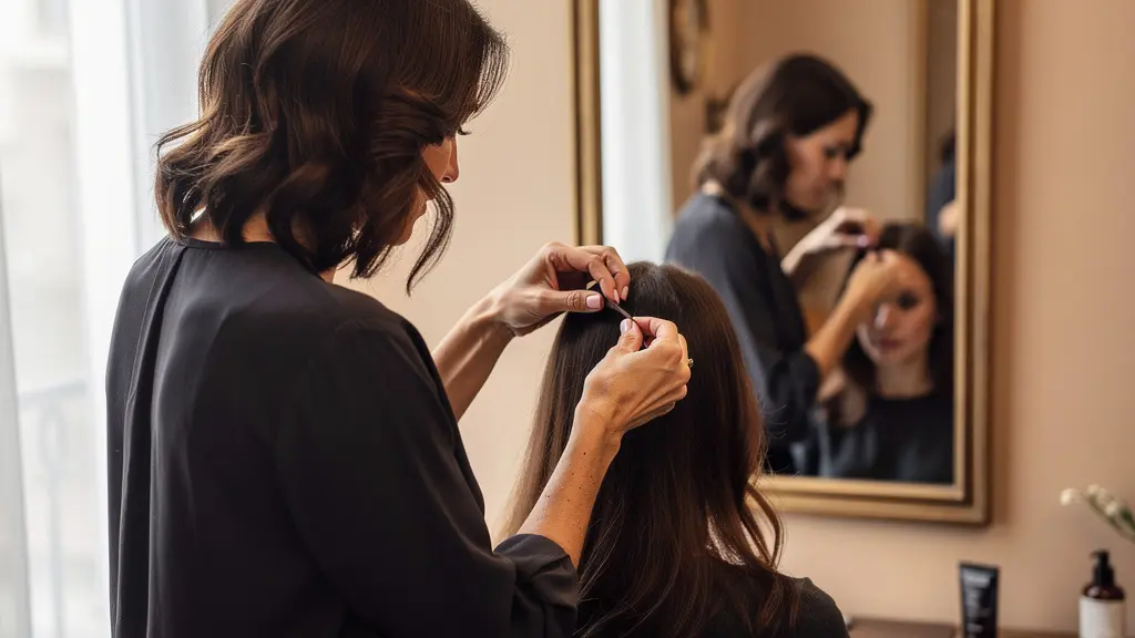 Coiffeuse analysant la chevelure de sa cliente dans un atelier intimiste