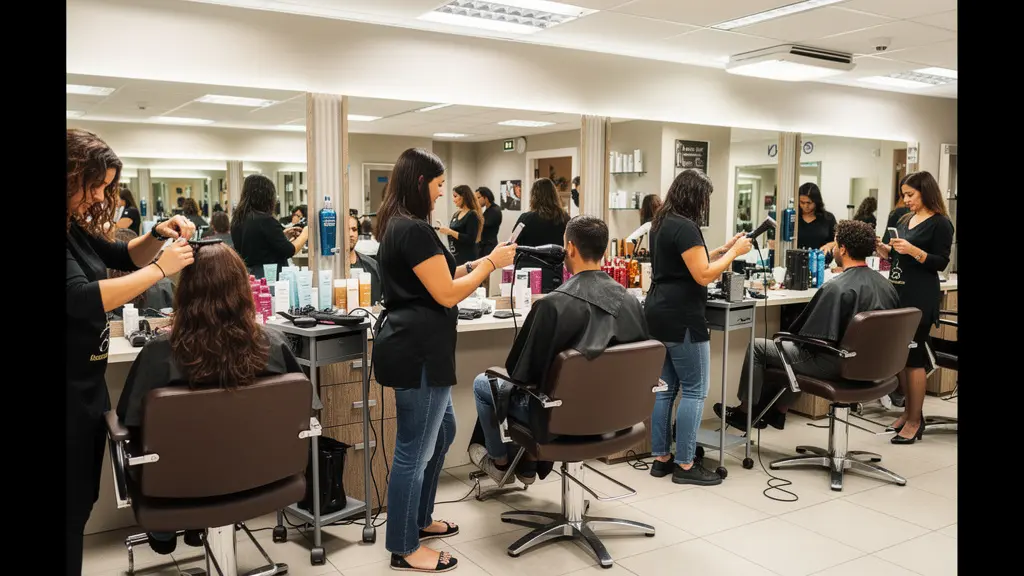 Salon de coiffure de chaîne avec plusieurs postes occupés et éclairage artificiel