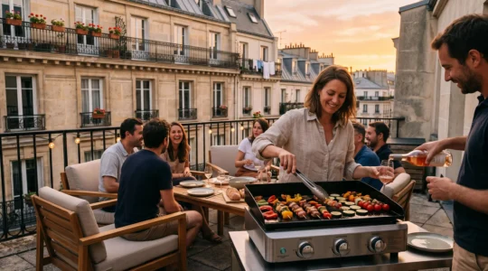 Terrasse d'appartement en fin de journée d'été avec plancha électrique en cours de cuisson, légumes et viandes grillés, ambiance conviviale sous la lumière dorée du couchant