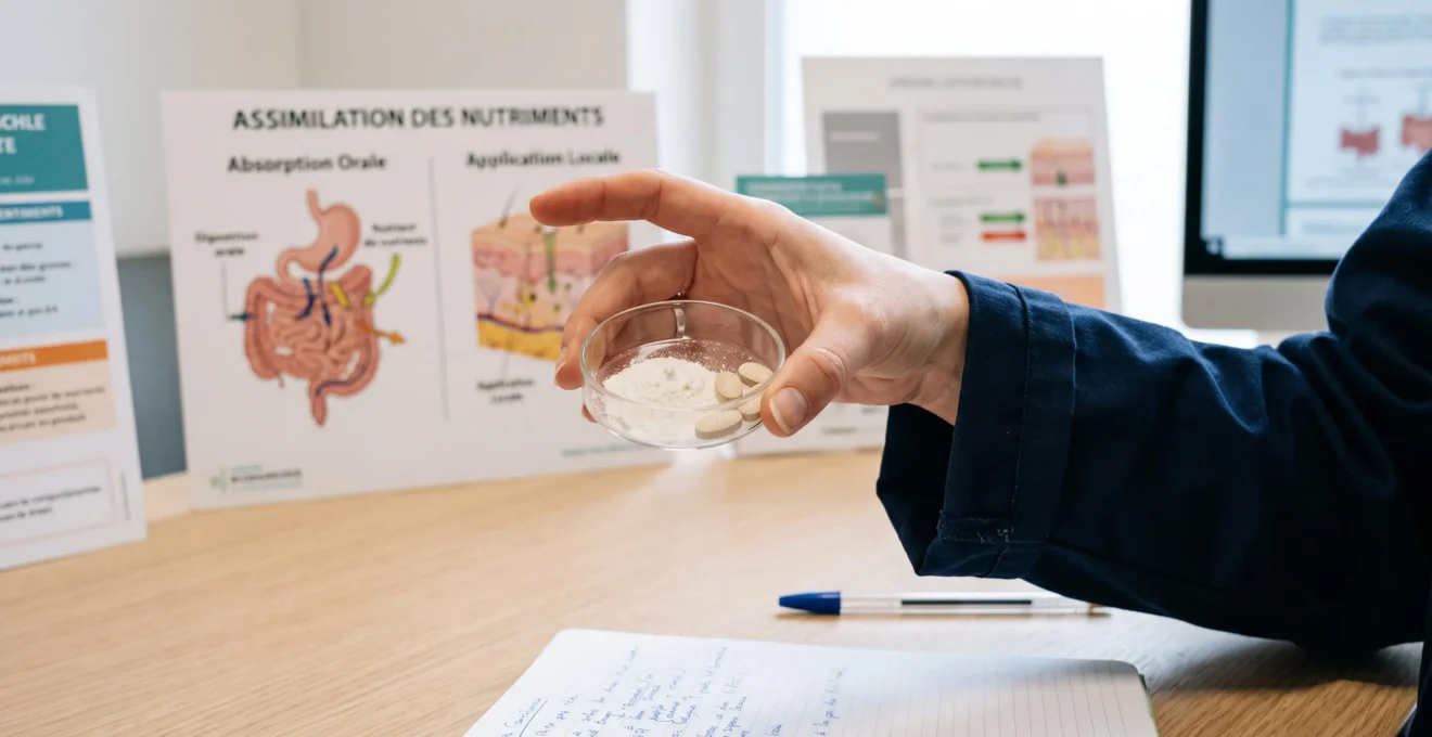Expert montrant l'efficacité de l'assimilation orale d'une vitamine pour les soins capillaires.