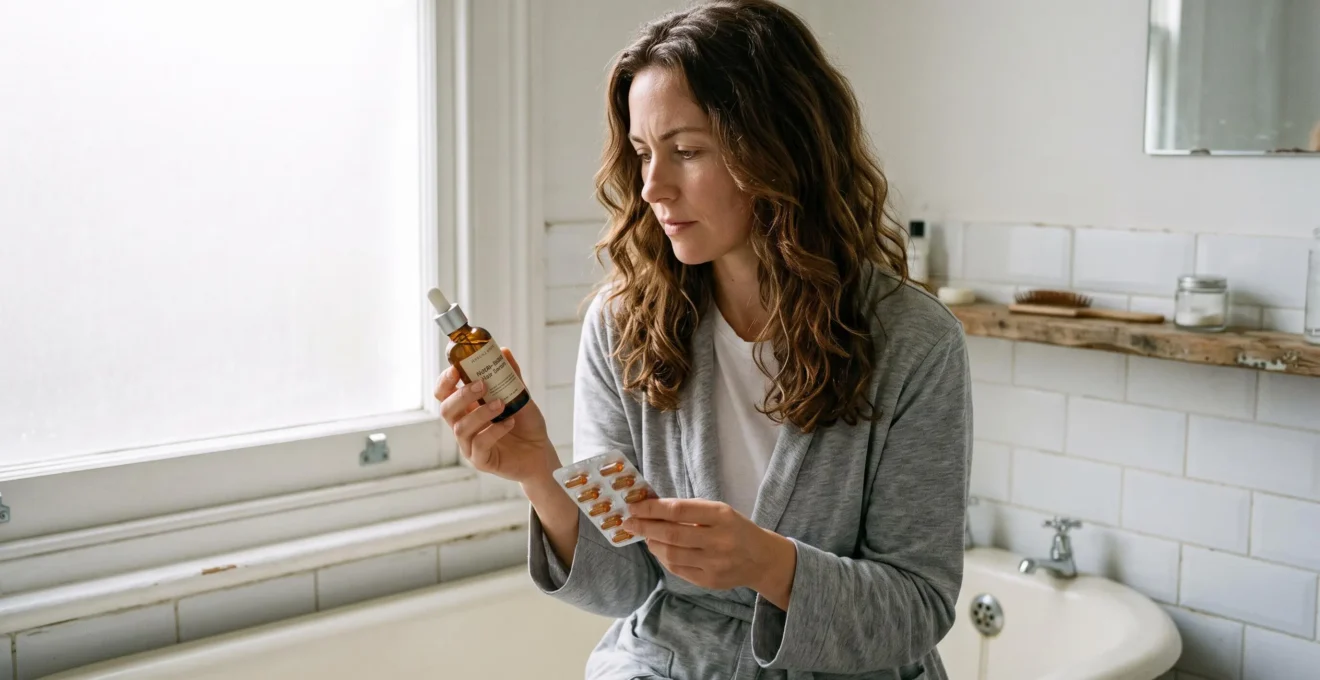 Femme examinant un sérum et des gélules de biotine pour comparer les formes de suppléments capillaires.