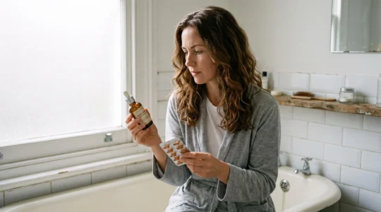 Femme examinant un sérum et des gélules de biotine pour comparer les formes de suppléments capillaires.