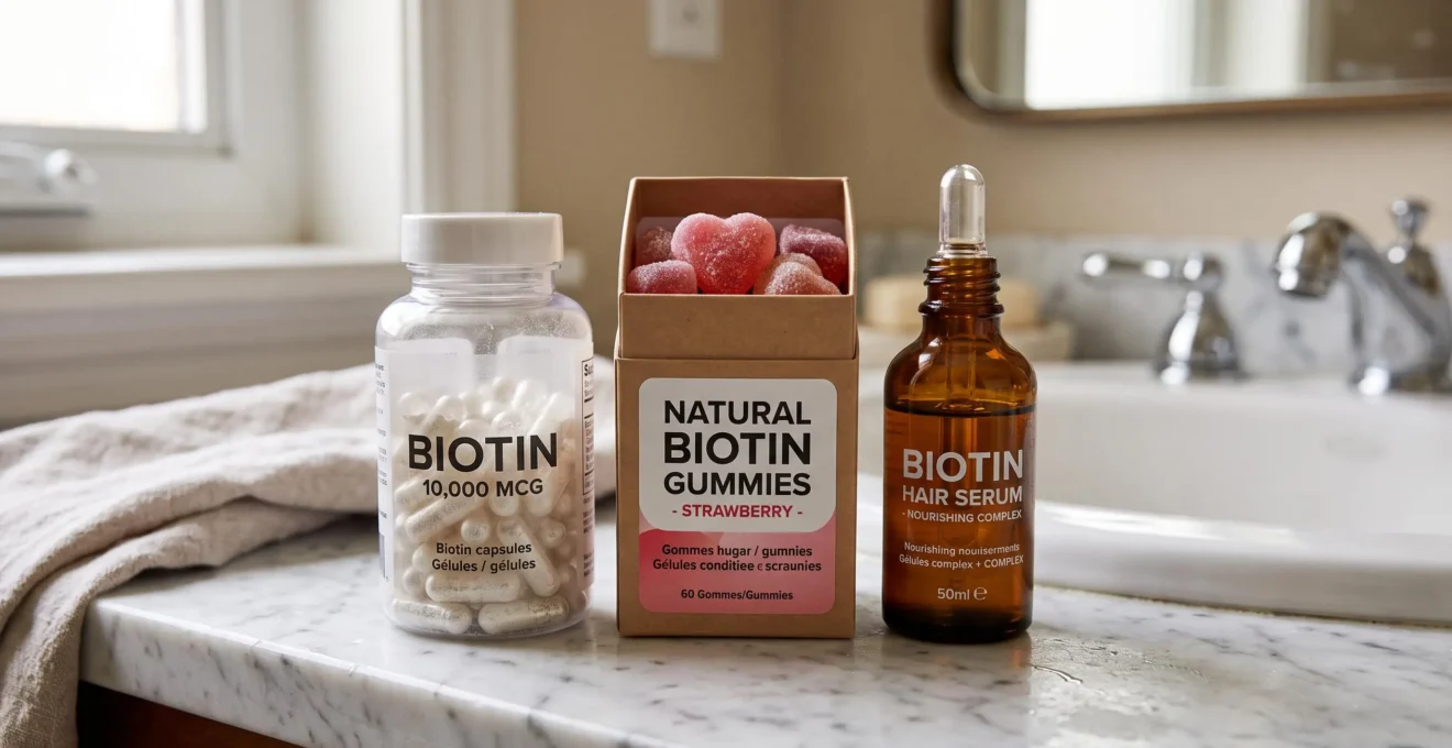 Présentation de trois formes de biotine : gélules, gummies et sérum sur une surface de marbre.